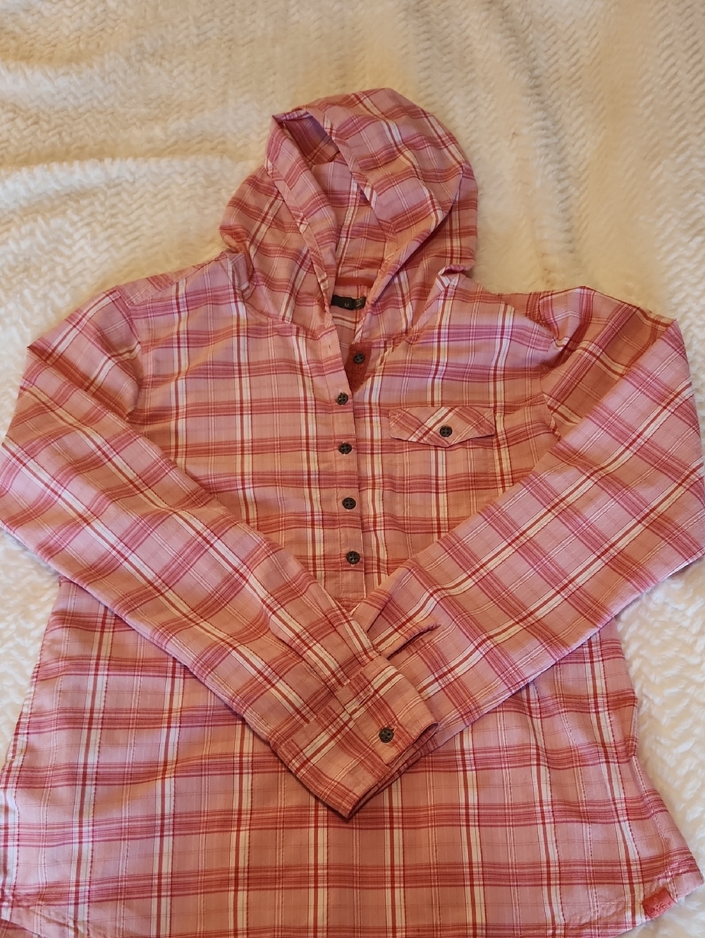 Prana Pink Plaid Hooded Button-Up Shirt